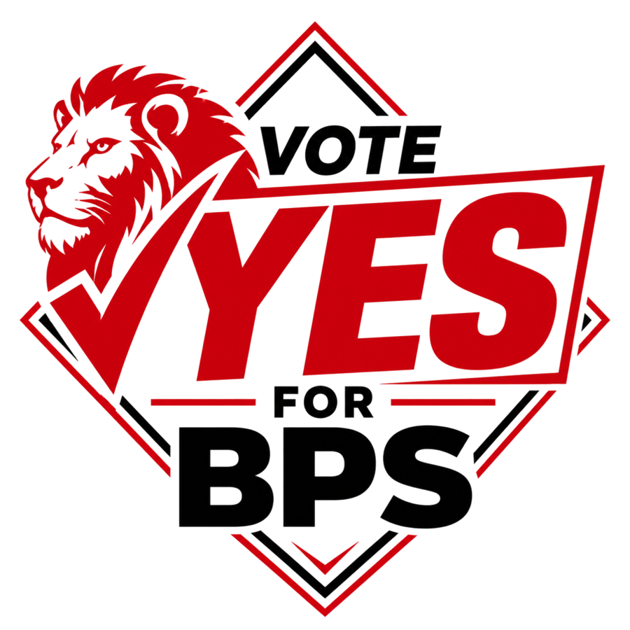 Vote Yes for BPS logo — a lion beside a red checkmark